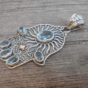 Solid sterling Silver Hamsa Khamsa blue Topaz gemstone gold pendant / silver 925